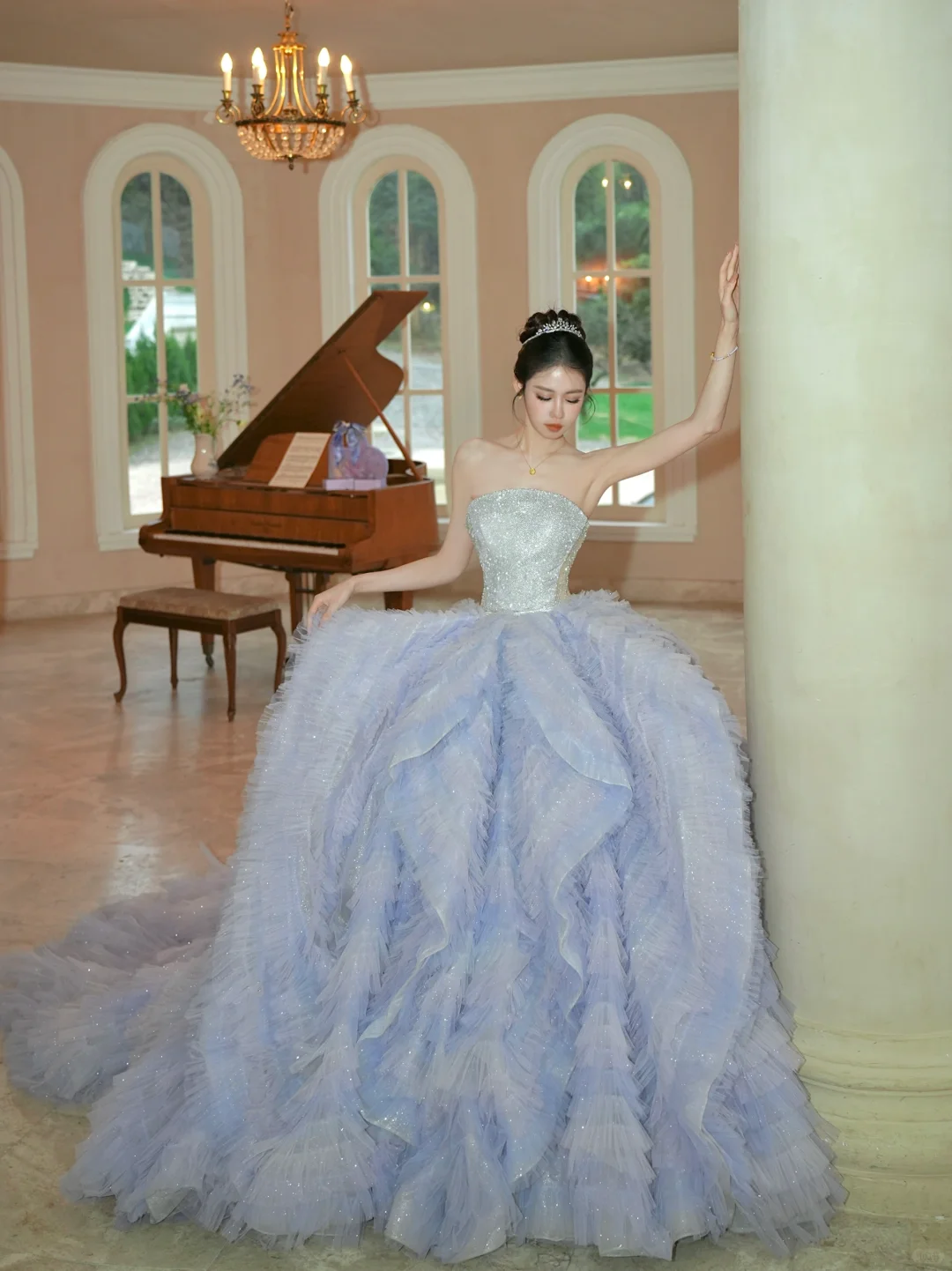 Gorgeous Ball Gown Strapless Silver Sequin Purple Tulle Long Party Dress Prom Dress DP2505