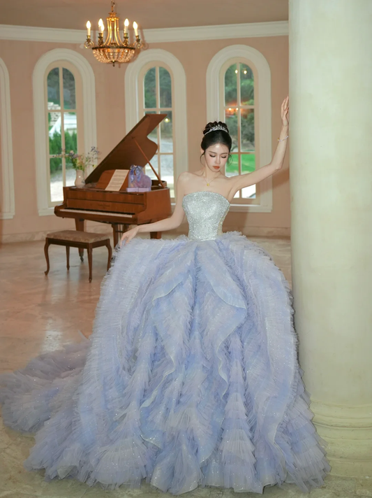 Gorgeous Ball Gown Strapless Silver Sequin Purple Tulle Long Party Dress Prom Dress DP2505
