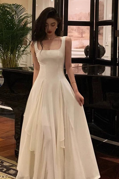 White Elegant Irregular Chiffon Hem Long Prom Dress Evening Dress DP695