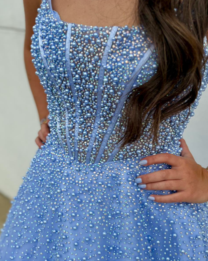 Blue A Line Spaghetti Straps Exquisite Pearl Beaded Tulle Prom Dress Party Evening Dress DP6306