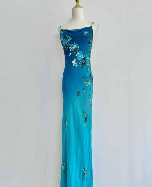 Vintage Blue Ombre Sheath Beaded Sequin Chiffon Prom Dress Party Dress Date Dress DP4451