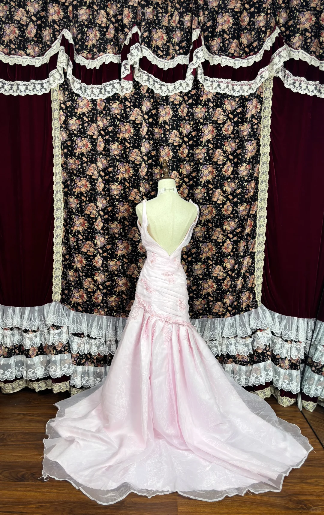 Light Pink Retro Mermaid Strap Pleated Beaded Floral Organza Satin Prom Dress Formal Dress DP3207