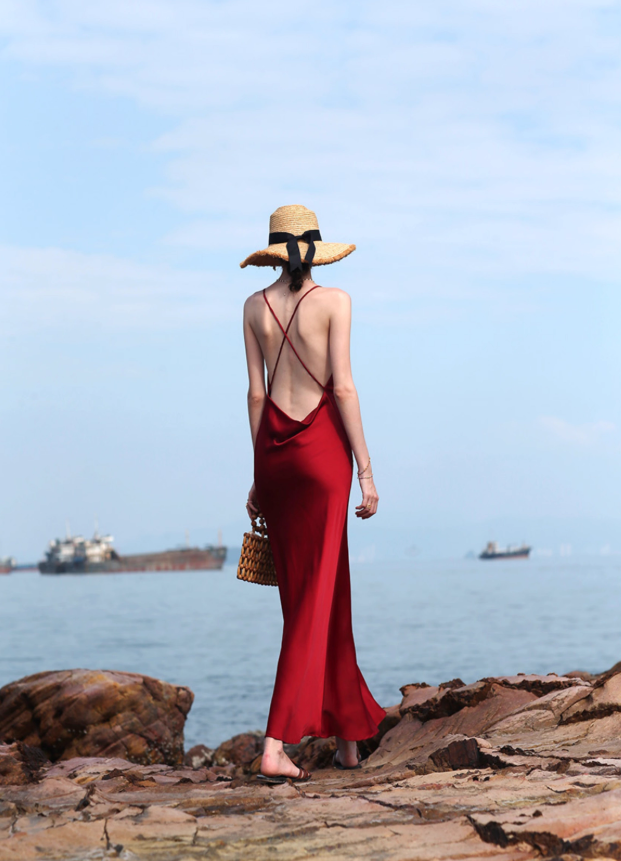 Elegant Sheath Spaghetti Strap Burgundy Satin Open Back Evening Dress Party Dress DP3403