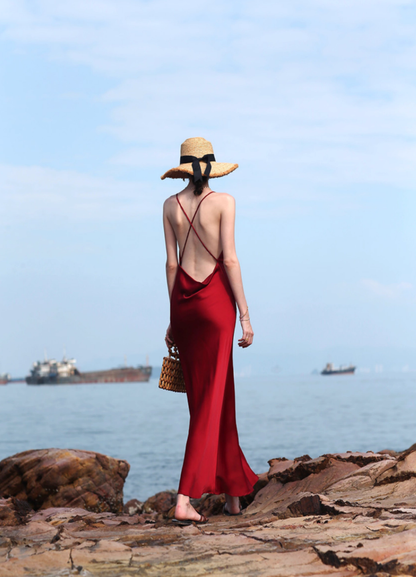 Elegant Sheath Spaghetti Strap Burgundy Satin Open Back Evening Dress Party Dress DP3403