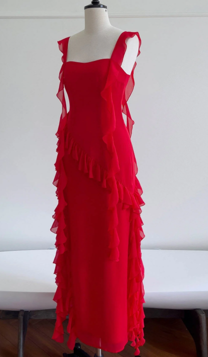 Charming Red Ruffle Chiffon Long Prom Dress Party Dress DP367