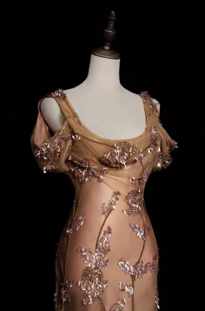 Vintage Brown A Line Straps Beaded Sequin Tulle Satin Long Prom Dress Party Dress DP4468