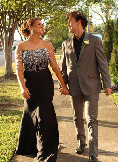 Glamorous Mermaid Off the Shoulder Beaded Black Satin Long Prom Dress Evening Dress DP6277