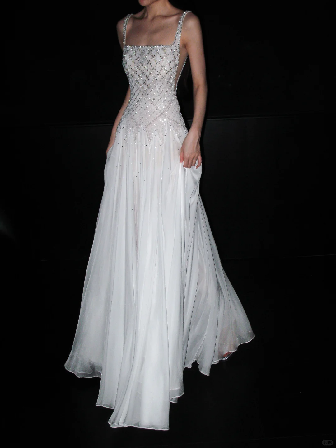 Shiny Exquisite Beaded Sequin A Line Straps White Chiffon Long Wedding Dress DP6379