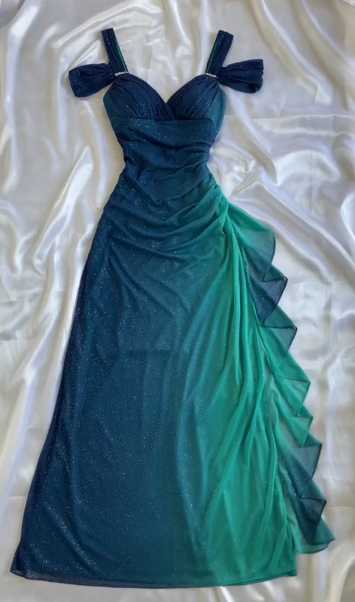 Vintage A Line Off the Shoulder Green-blue Ombre Chiffon Prom Dress DP5085