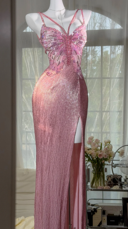 Stunning Pink Butterfly Sheath Beaded Long Prom Dress Graduation Prom Dress with Slit DP4944