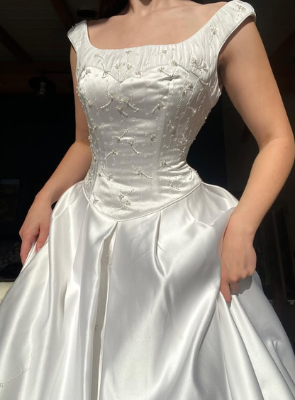 Simple Elegant A Line Straps Beaded White Satin Wedding Dress Prom Dress DP5534