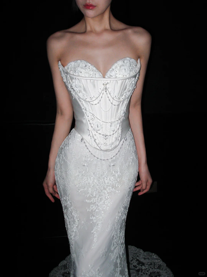 Glamorous Mermaid Strapless Corset White Beaded Sequin Lace Long Wedding Dress DP8119