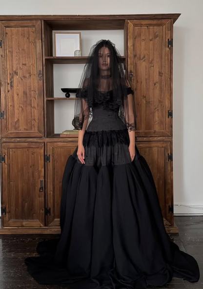 Black Ball Gown Off the Shoulder Satin Lace Prom Dress 16th Birthday Dress DP4281