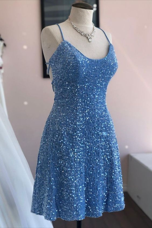 Spaghetti Straps Blue Sequin Homecoming Dress Short Princess Dress DP361