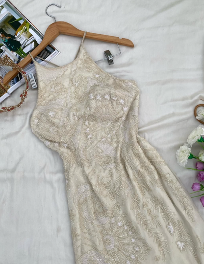 Vintage A Line Halter Beaded Ivory Satin and Chiffon Prom Dress Evening Dress DP1375