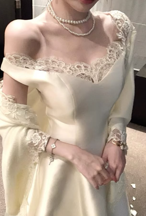 Light Champagne A Line V Neck Lace Satin Prom Dress Evening Dress DP7939