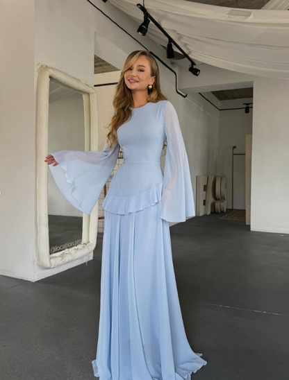 Baby Blue A Line Long Sleeve Flowy Chiffon Prom Dress Evening Dress DP5262
