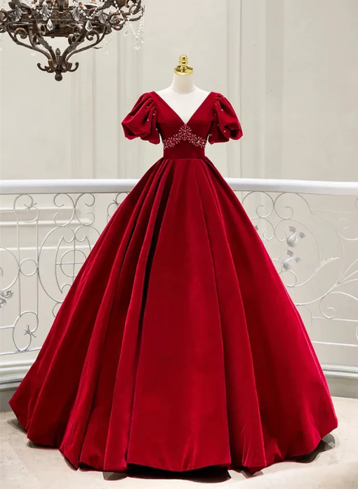 Burgundy Velvet Beaded Short Sleeves Party Dress Prom Dress DP606