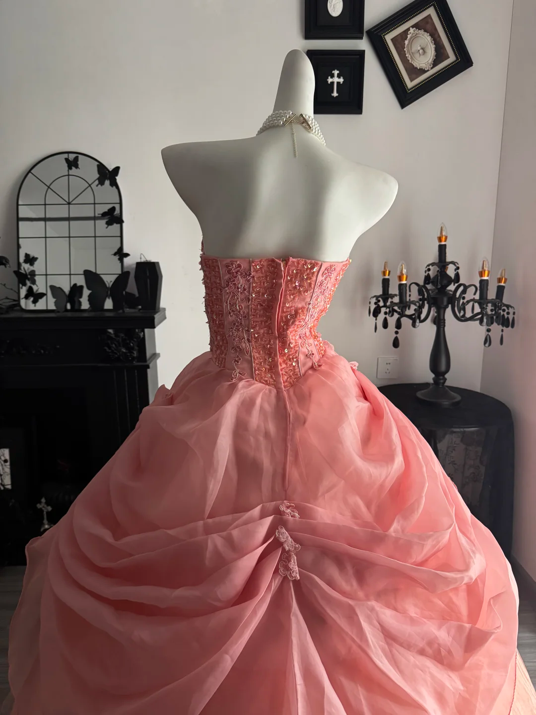 Peach Pink Ball Gown Strapless Beaded Tulle Prom Dress Quinceanera Dress DP6964