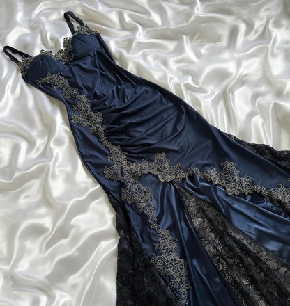 Vintage Navy Blue Mermaid Straps Appliques Lace Satin Prom Dress DP5071