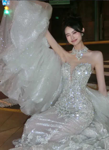 Elegant Mermaid Sweetheart Neck Sequin Beaded White Tulle Long Prom Dress Wedding Dress DP4649