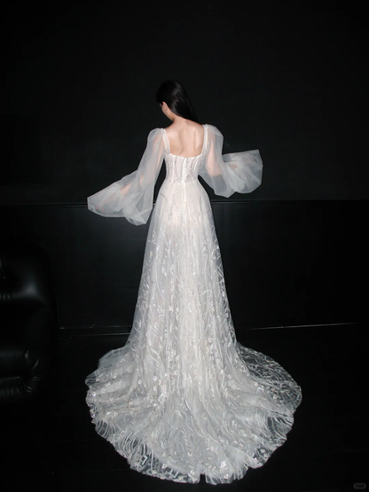Dreamy Ball Gown Long Sleeve Sequin White Tulle Long Wedding Dress DP6369