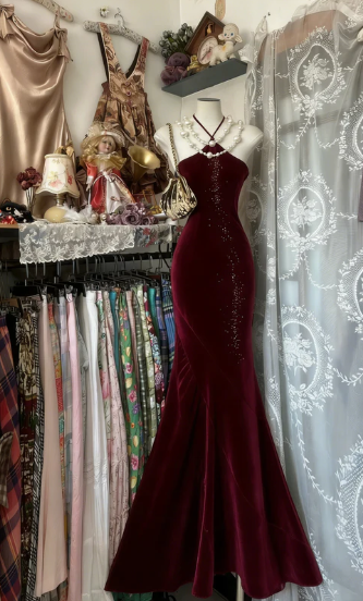 Vintage Blue Mermaid Long Prom Dresses Beaded Satin Evening Dresses Birthday Dresses DP4597