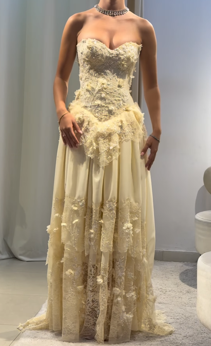 Elegant A Line Sweetheart Neck Beaded Lace Light Yellow Chiffon Dresses DP4178