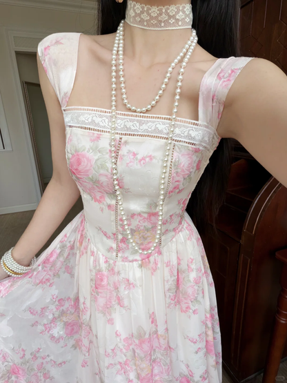 Sweety Pink Print Floral A Line Straps Chiffon Prom Dress Evening Dress DP6454