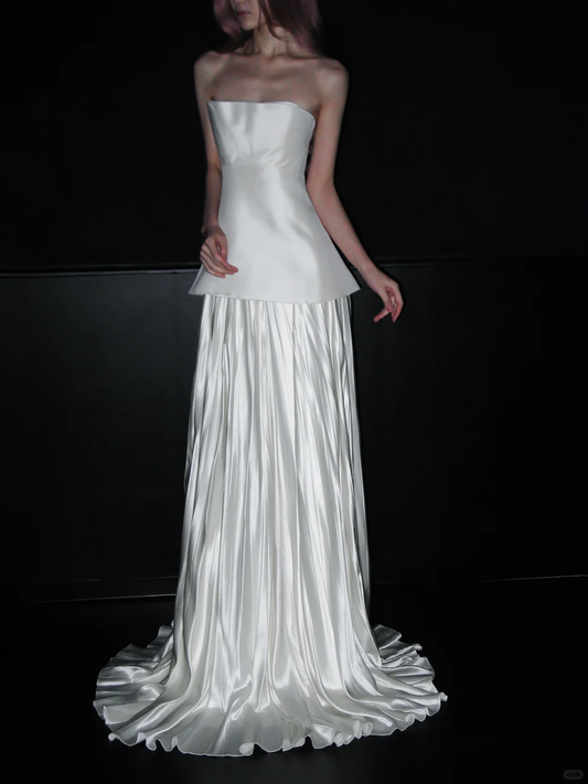 Unique White A Line Strapless Pleated Satin Long Wedding Dress DP5190