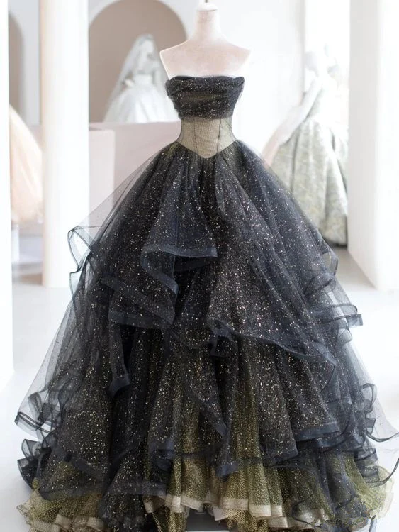 Black Sparkly Tulle Princess Prom Dress Strapless Ruffled Formal Ball Gown Quinceanera Dress DP330