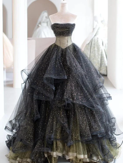 Black Sparkly Tulle Princess Prom Dress Strapless Ruffled Formal Ball Gown Quinceanera Dress DP330