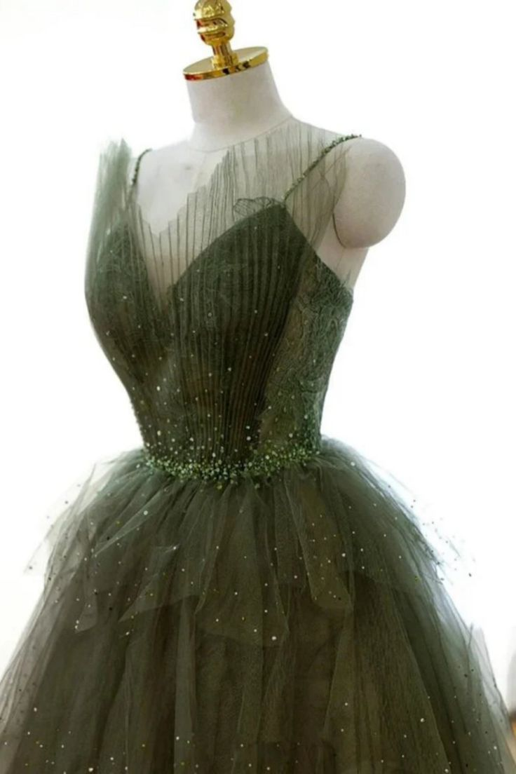 Dark Green V Neck Beaded Layered Lace Tulle Long Prom Dress Formal Graduation Evening Dress DP703