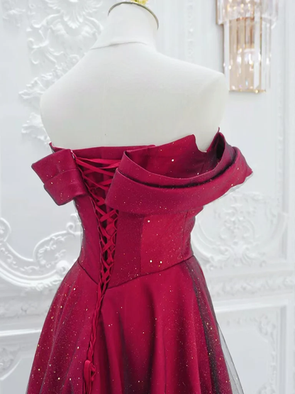 Shiny Off Shoulder Tulle Satin Burgundy Long Prom Dress DP424