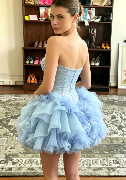 Gorgeous A Line Strapless Rhinestone Sequin Tulle Short Homecoming Dress Cocktail Dress DP2641