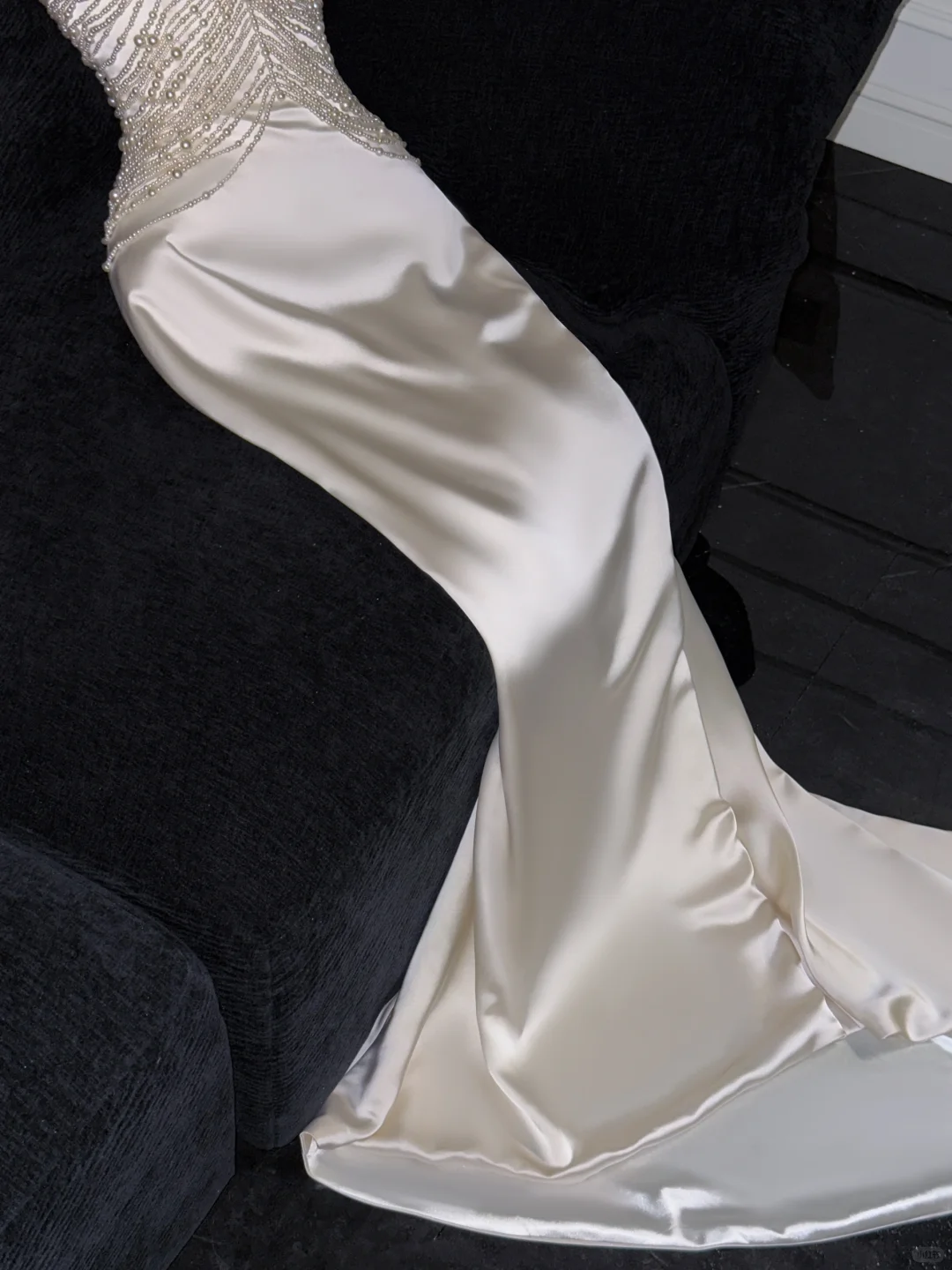 Elegant Mermaid Strapless Pearl White Satin Long Sweep Wedding Dress Prom Dress DP2562