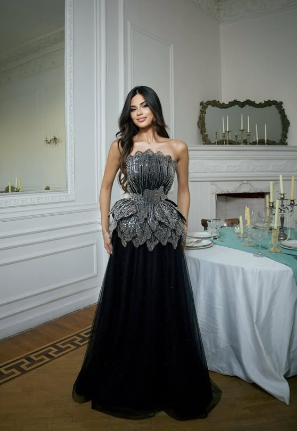 Charming Black A Line Strapless Layered Sequin Tulle Prom Dress Evening Dress DP6811