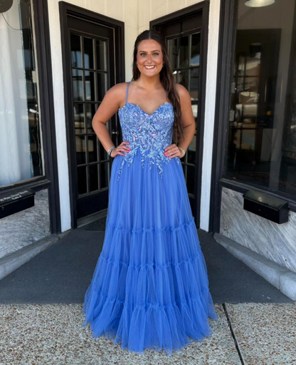 Beautiful A Line Spaghetti Strap Blue Appliques Tulle Prom Dress Party Evening Dress DP6293