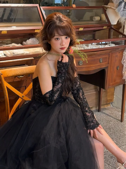 Black Ball Gown Sweetheart Neck Appliques Tulle Long Prom Dress Evening Dress DP3921