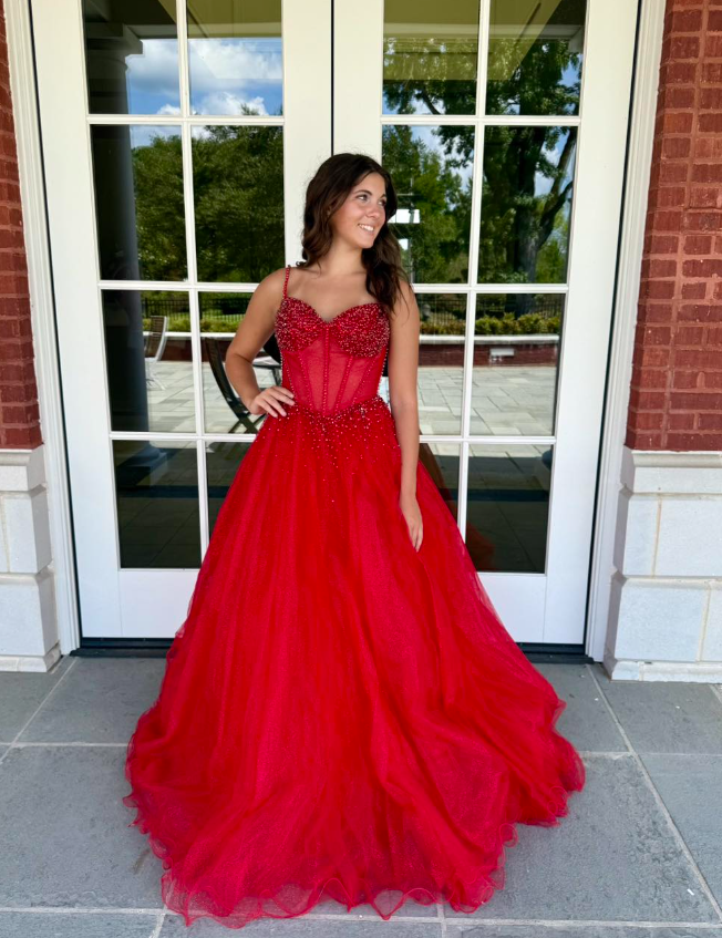 Charming Red A Line Spaghetti Strap Beaded Tulle Long Prom Dress Evening Dress DP6571