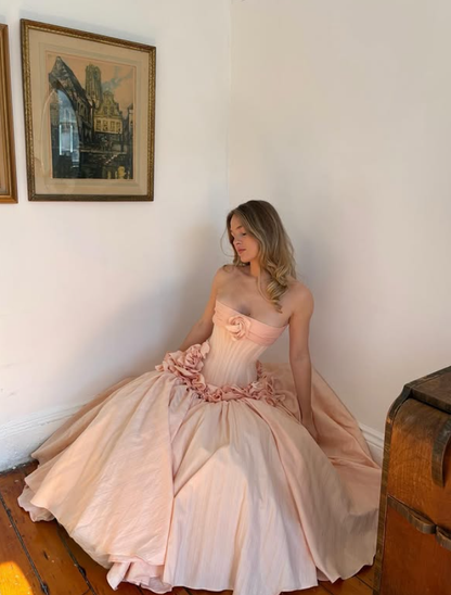 Light Pink Princess A Line Strapless 3D Flower Satin Long Prom Dress Evening Dress DP6794