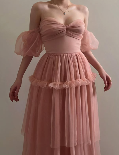 Princess Pink A Line Off the Shoulder Tulle Backless Prom Dress Evening Dress DP6489