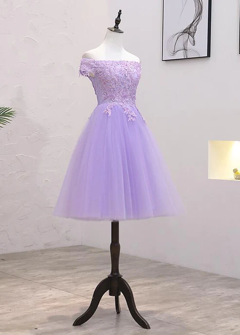 Elegant Purple Tulle Lace Appliques Off The Shoulder Homecoming Dress Mini Party Dress DP557