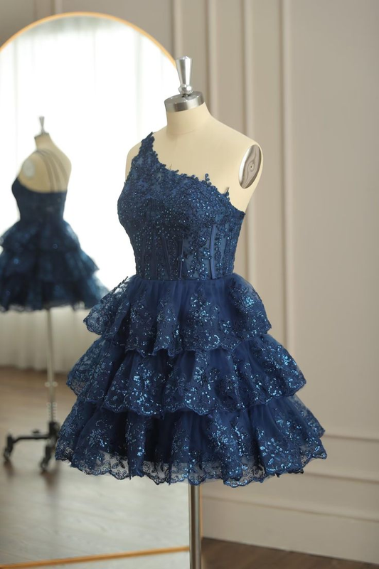 Navy Blue One Shoulder Appliques Multi-Layers Tulle Homecoming Dress Mini Party Dress DP494