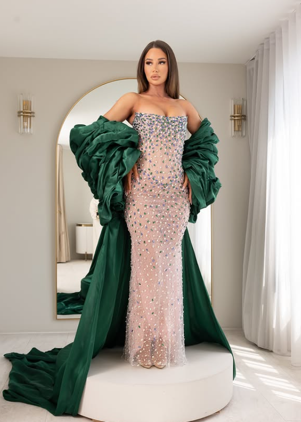 Luxurious Sheath Strapless Shiny Rhinestone Nude Tulle Green Satin Prom Dress DP6201