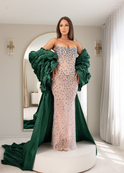 Luxurious Sheath Strapless Shiny Rhinestone Nude Tulle Green Satin Prom Dress DP6201