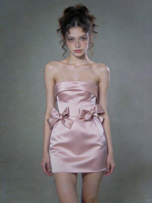 Sweety Pink A Line Strapless Bow Satin Short Homecoming Dress Outfits DP4706