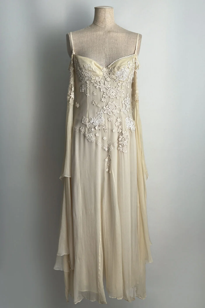 Pretty A Line Long Sleeve Ivory Appliques Lace Chiffon Prom Dress Party Dress DP4784