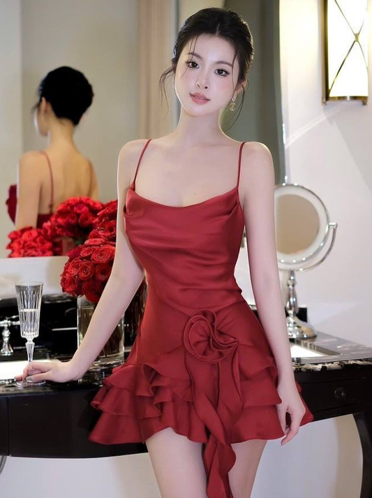Simple Red A Line Spaghetti Straps Satin Short Homecoming Dress DP4398