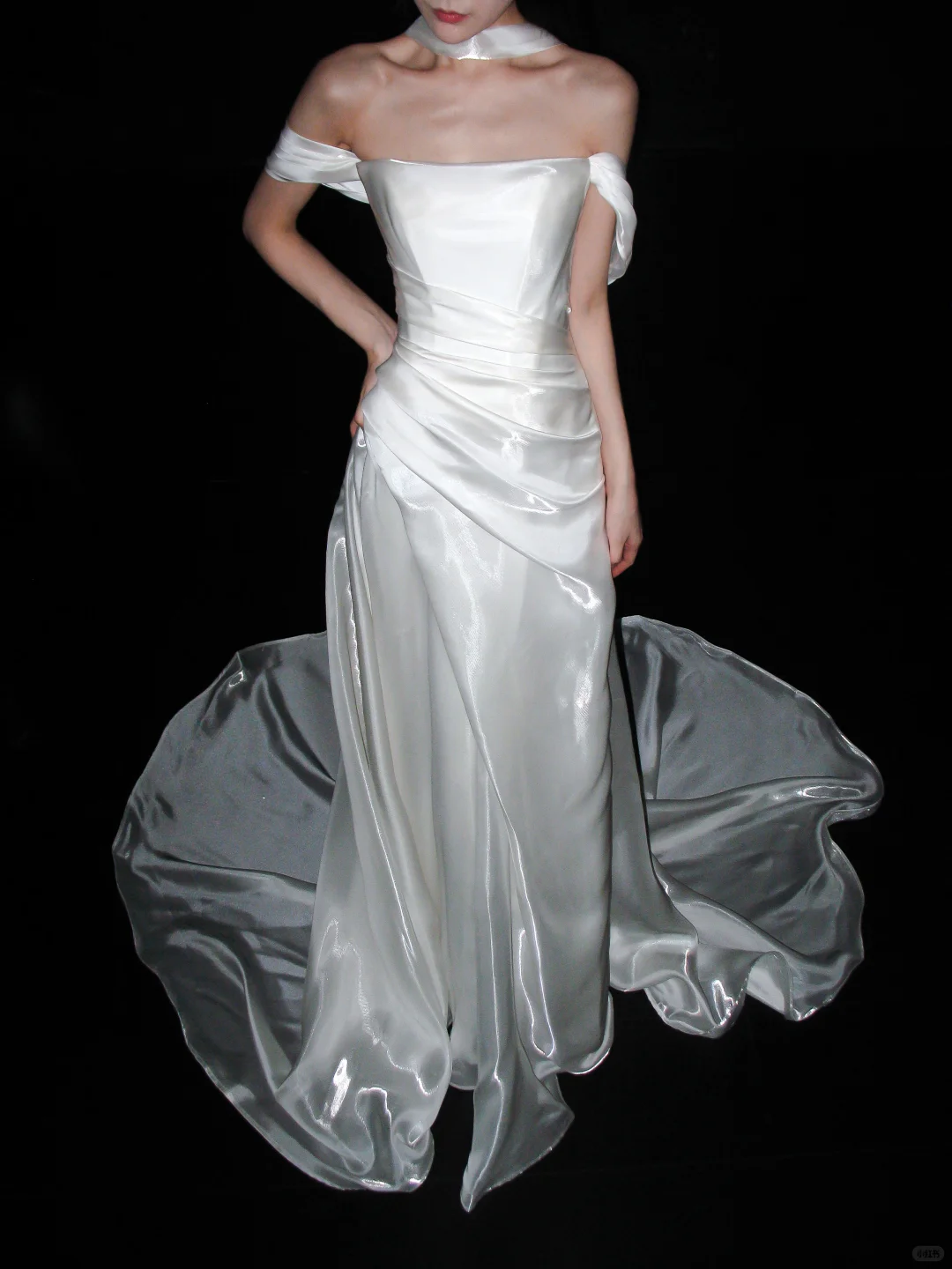 Elegant A Line Off the Shoulder White Pleated Satin Long Wedding Dress DP8105